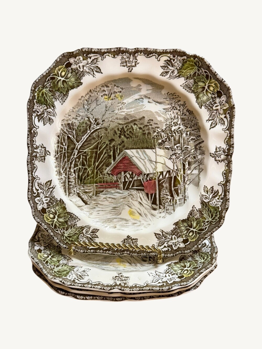 Johnson Bros Friendly Village Covered Bridge Square Salad Plates 7.5" Set of 4